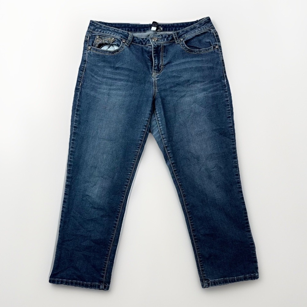 APT 9 Jeans Womens Size 12 Blue Denim Stretch‎ Cropped Embellished Flap Pockets